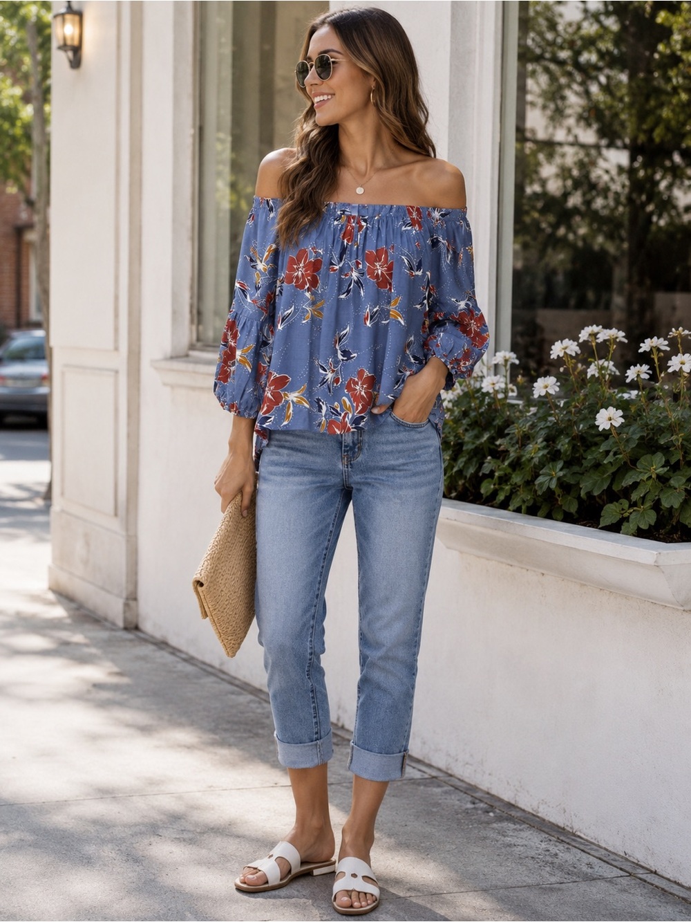 NY Collection Top Blue Floral Print Off Shoulder Long Sleeve NWT